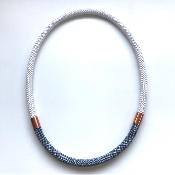 White + gray statement necklace with brass pieces - Picture 2 of 4